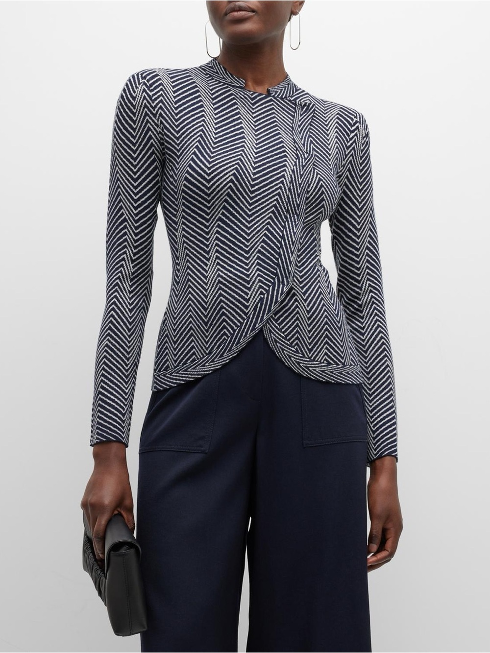 Emporio Armani Asymmetric Chevron Knit Cardigan Jacket in Navy Fantasy Size 8